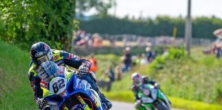 Derek Sheils leads Micko Sweeney during the Grand Final at the 2019 Country Crest Skerries 100 that