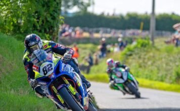 Derek Sheils leads Micko Sweeney during the Grand Final at the 2019 Country Crest Skerries 100 that
