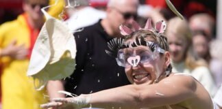 hundreds of spectators watch world custard pie championships