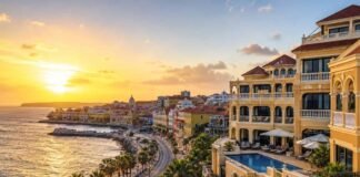 Curaçao tourism surge reshapes Caribbean travel as visitor numbers hit record high A luxurious Curacao hotel overlooks a colourful coastal city palm lined road and glowing Caribbean sunset