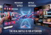 A split-screen editorial graphic illustrating the convergence of social media and streaming platforms. On the left, a hand holds a modern smartphone displaying an Instagram-style interface evolving from photos into episodic video series and Reels. On the right, a large flat-screen TV displays a Netflix-style interface incorporating vertical video clips and short-form publisher content. Bright glowing streams of video thumbnails, clock icons, and social media likes flow between both screens through a central hourglass, representing the battle for viewer time. Text at the bottom reads: "THE REAL BATTLE IS FOR ATTENTION."