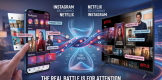 The Lines Between Social Media and Streaming Are Disappearing A split-screen editorial graphic illustrating the convergence of social media and streaming platforms. On the left, a hand holds a modern smartphone displaying an Instagram-style interface evolving from photos into episodic video series and Reels. On the right, a large flat-screen TV displays a Netflix-style interface incorporating vertical video clips and short-form publisher content. Bright glowing streams of video thumbnails, clock icons, and social media likes flow between both screens through a central hourglass, representing the battle for viewer time. Text at the bottom reads: "THE REAL BATTLE IS FOR ATTENTION."