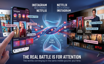 A split-screen editorial graphic illustrating the convergence of social media and streaming platforms. On the left, a hand holds a modern smartphone displaying an Instagram-style interface evolving from photos into episodic video series and Reels. On the right, a large flat-screen TV displays a Netflix-style interface incorporating vertical video clips and short-form publisher content. Bright glowing streams of video thumbnails, clock icons, and social media likes flow between both screens through a central hourglass, representing the battle for viewer time. Text at the bottom reads: "THE REAL BATTLE IS FOR ATTENTION."