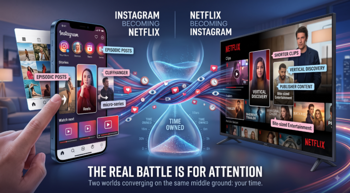 A split-screen editorial graphic illustrating the convergence of social media and streaming platforms. On the left, a hand holds a modern smartphone displaying an Instagram-style interface evolving from photos into episodic video series and Reels. On the right, a large flat-screen TV displays a Netflix-style interface incorporating vertical video clips and short-form publisher content. Bright glowing streams of video thumbnails, clock icons, and social media likes flow between both screens through a central hourglass, representing the battle for viewer time. Text at the bottom reads: "THE REAL BATTLE IS FOR ATTENTION."